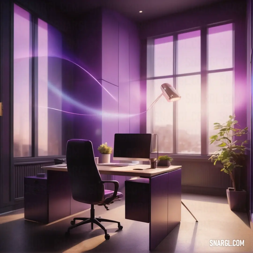 Desk with a computer and a plant in a room with purple walls and windows and a purple chair. Example of CMYK 29,55,0,0 color.