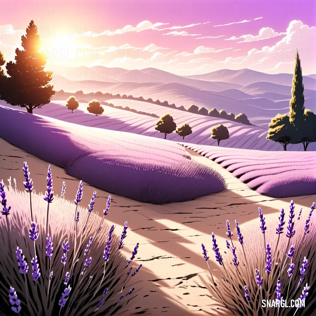 Painting of a lavender field with trees and bushes in the background. Color #B688B7.