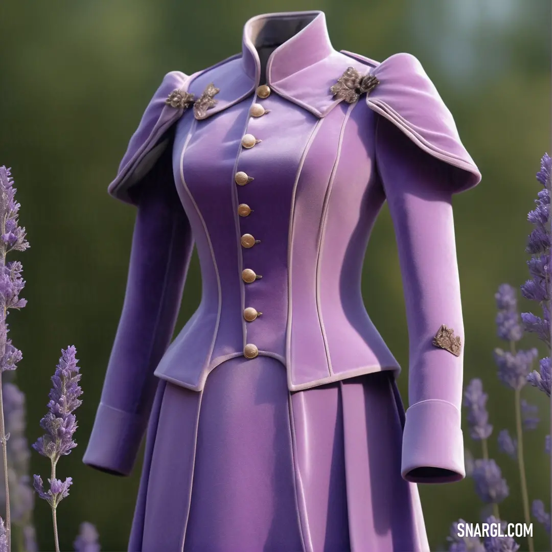 Purple dress and jacket are on display in a field of lavender flowers, with a green background. Example of #B688B7 color.