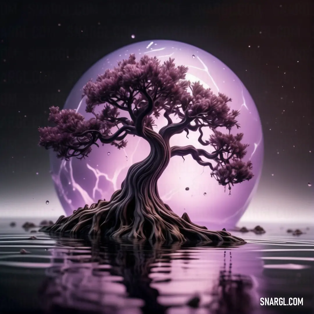 Tree is growing out of the water in front of a full moon with lightning in the sky above. Example of #B688B7 color.