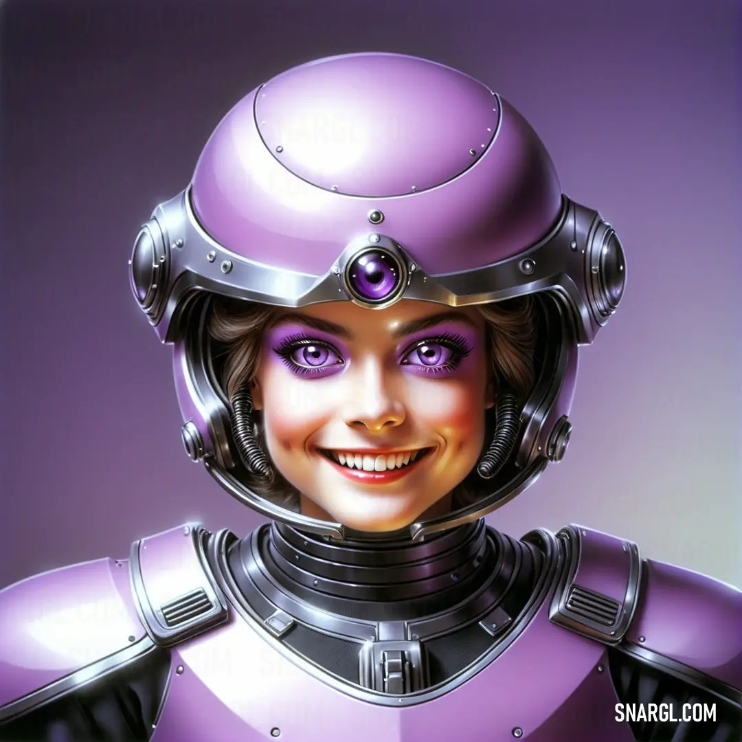 Woman in a purple helmet and purple dress smiling for the camera with a purple background. Color RGB 182,136,183.