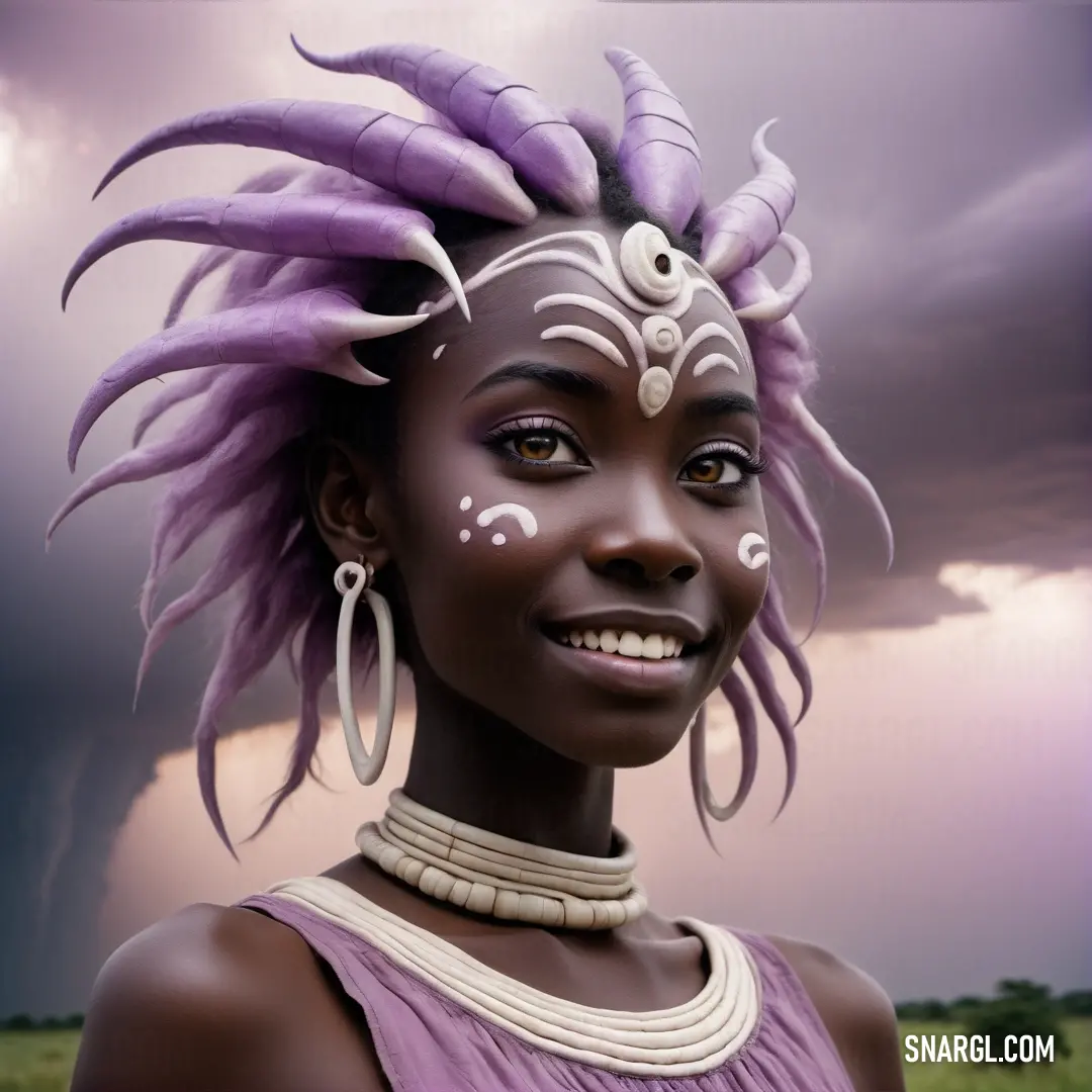 Woman with purple hair and a white face paint on her face and a cloudy sky behind her. Color PANTONE 2572.