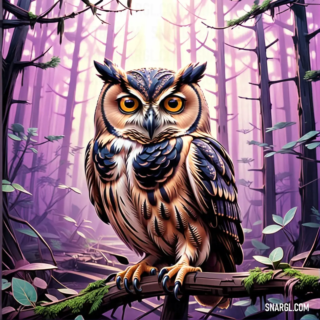PANTONE 2573 color example: Painting of an owl on a branch in a forest with purple light coming through the trees and leaves