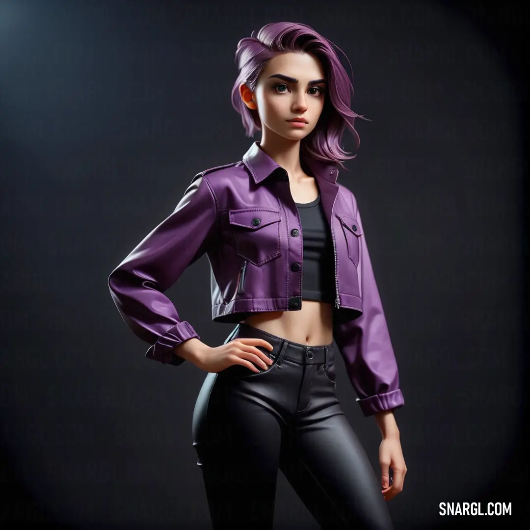 Woman in a purple jacket and black pants posing for a picture with her hands on her hips and her hands on her hips