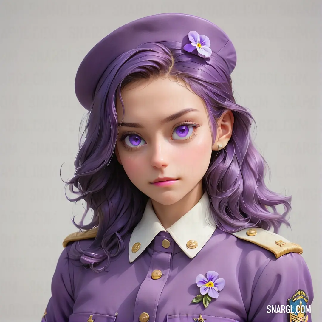 Doll with purple hair and a purple uniform with flowers on it's lap and a purple hat. Example of #A487BA color.