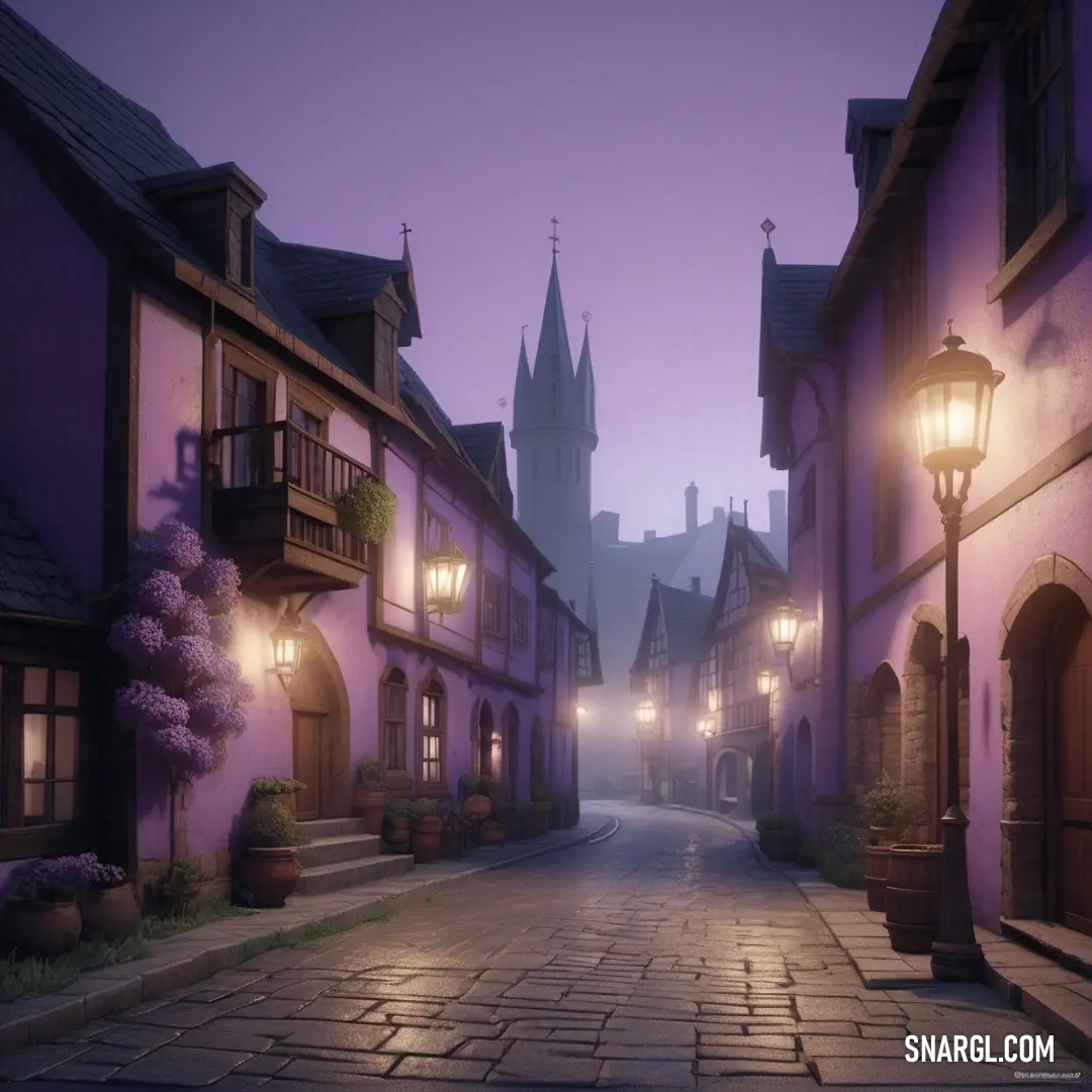 Street with a light on and a castle in the background. Example of CMYK 40,54,0,0 color.