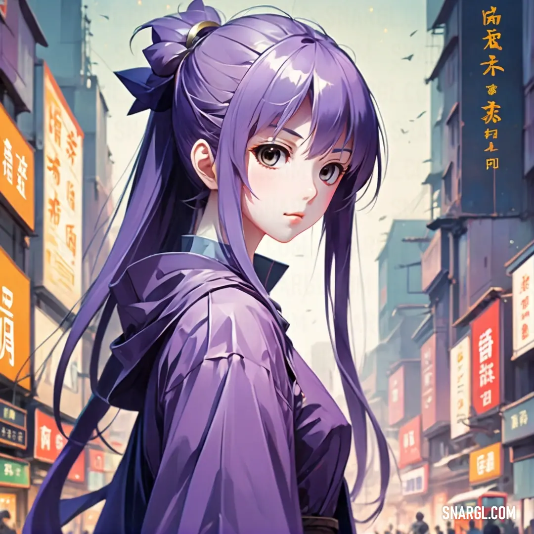 Woman with purple hair and a purple outfit on a city street with buildings in the background. Example of CMYK 40,54,0,0 color.