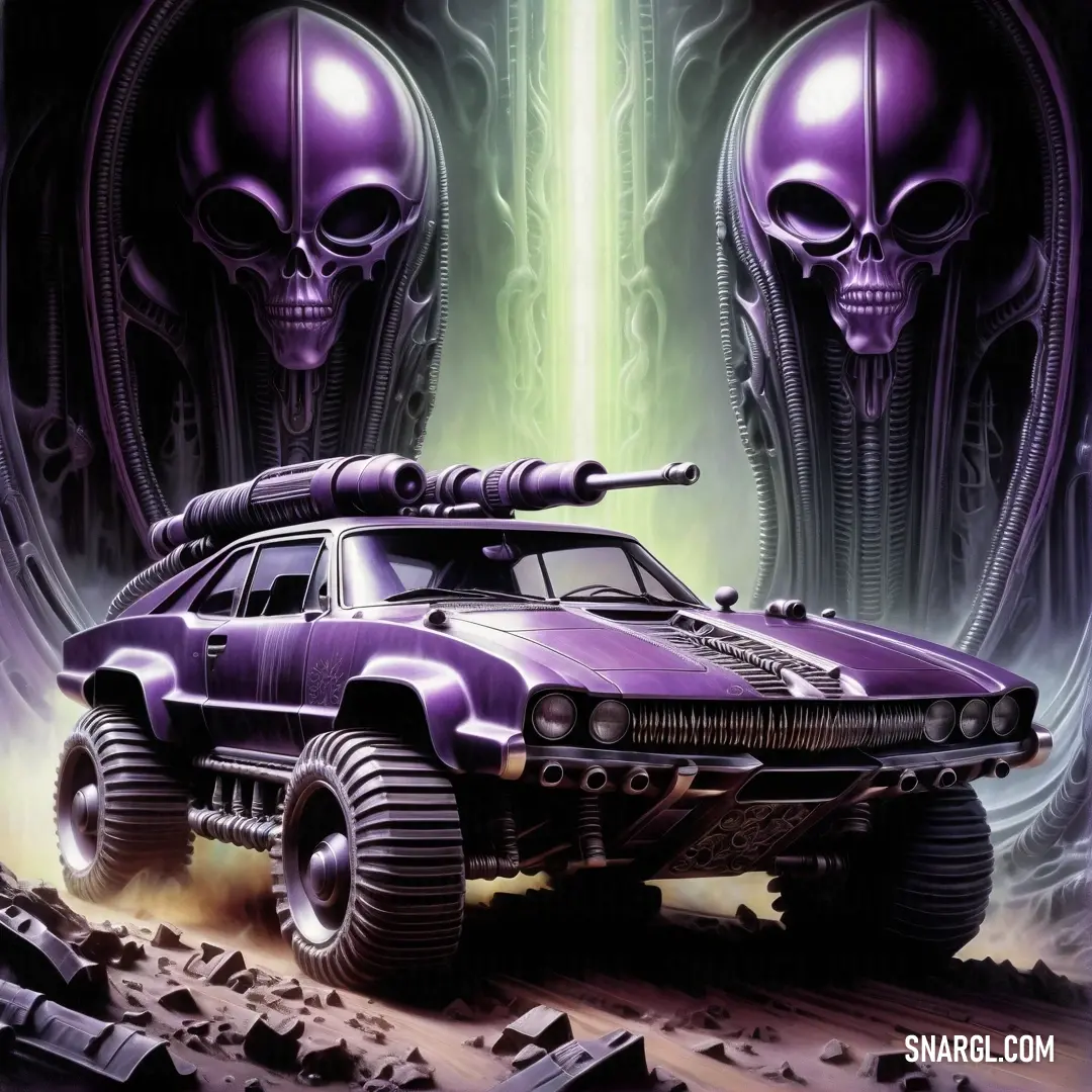 Car with a gun in the middle of it and two aliens behind it. Color PANTONE 258.