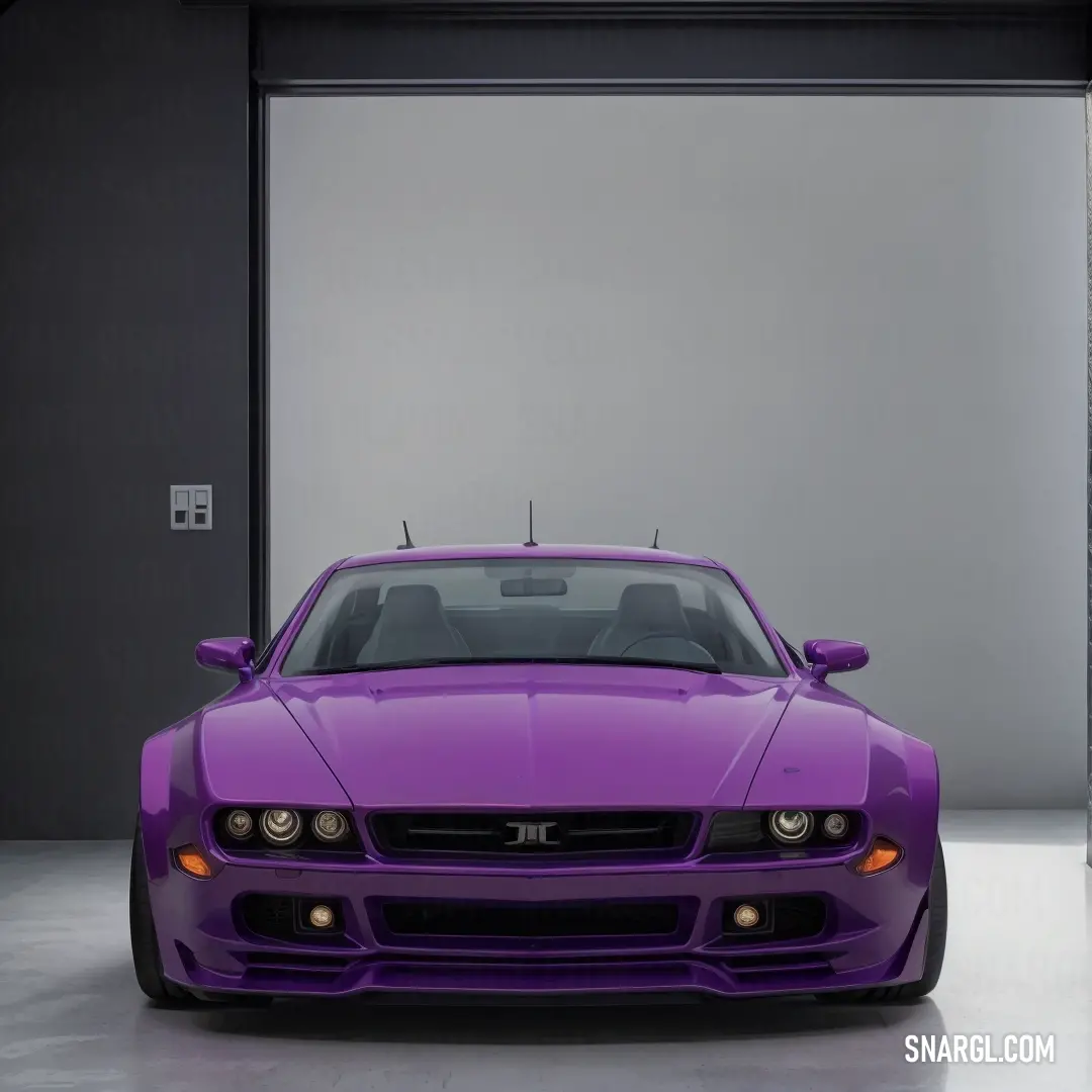 Purple car parked in a garage next to a wall and a door with a window open to the outside. Example of RGB 146,87,155 color.