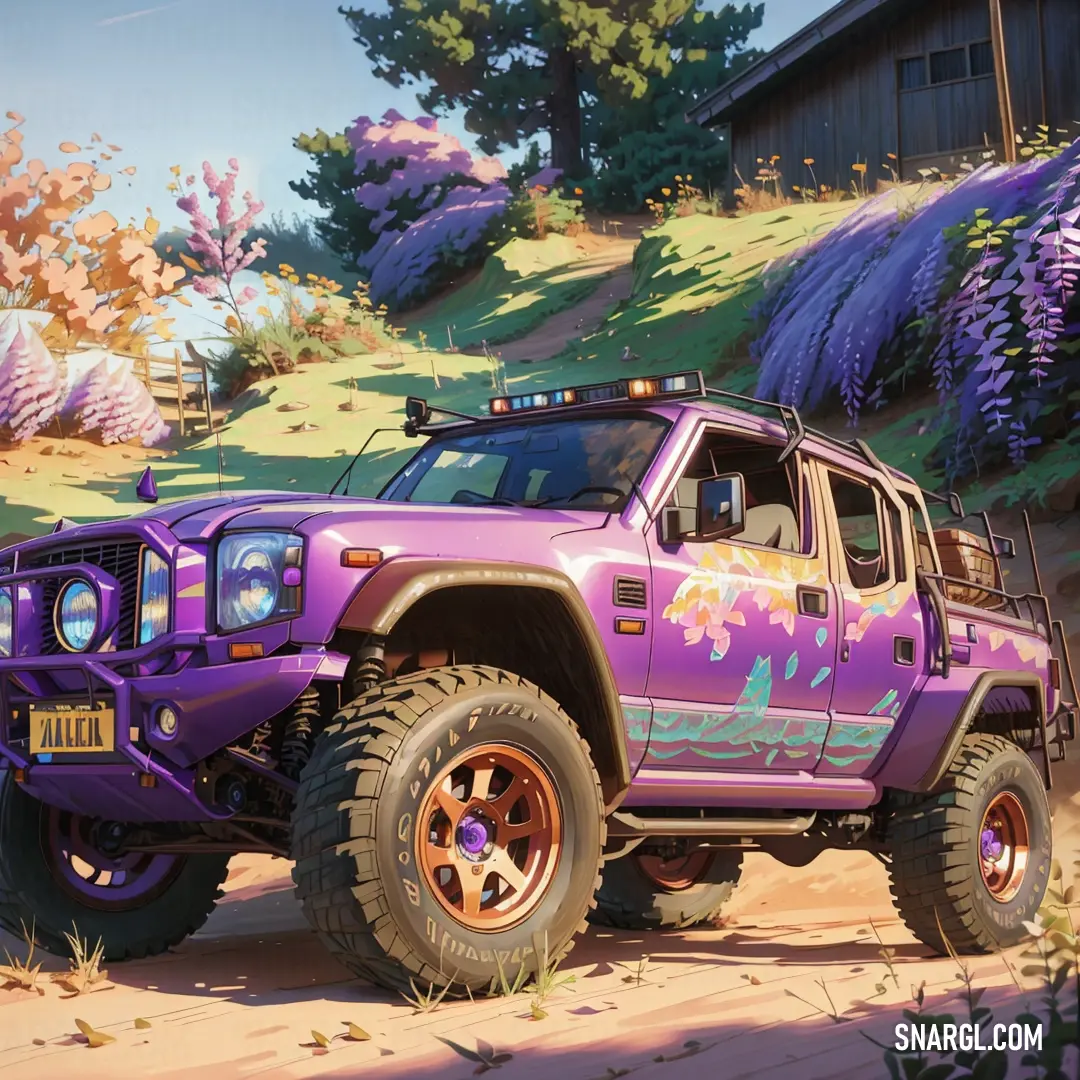 Purple truck with a painted design on it's front parked in front of a house and lavender bushes. Example of RGB 146,87,155 color.