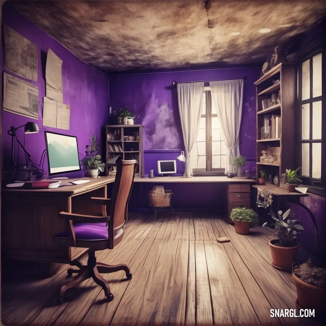 PANTONE 258 color example: Room with a desk, computer