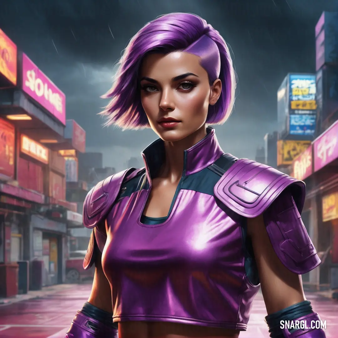 Woman in a purple outfit standing in the rain in a city street at night with neon signs and buildings. Color CMYK 51,79,0,0.