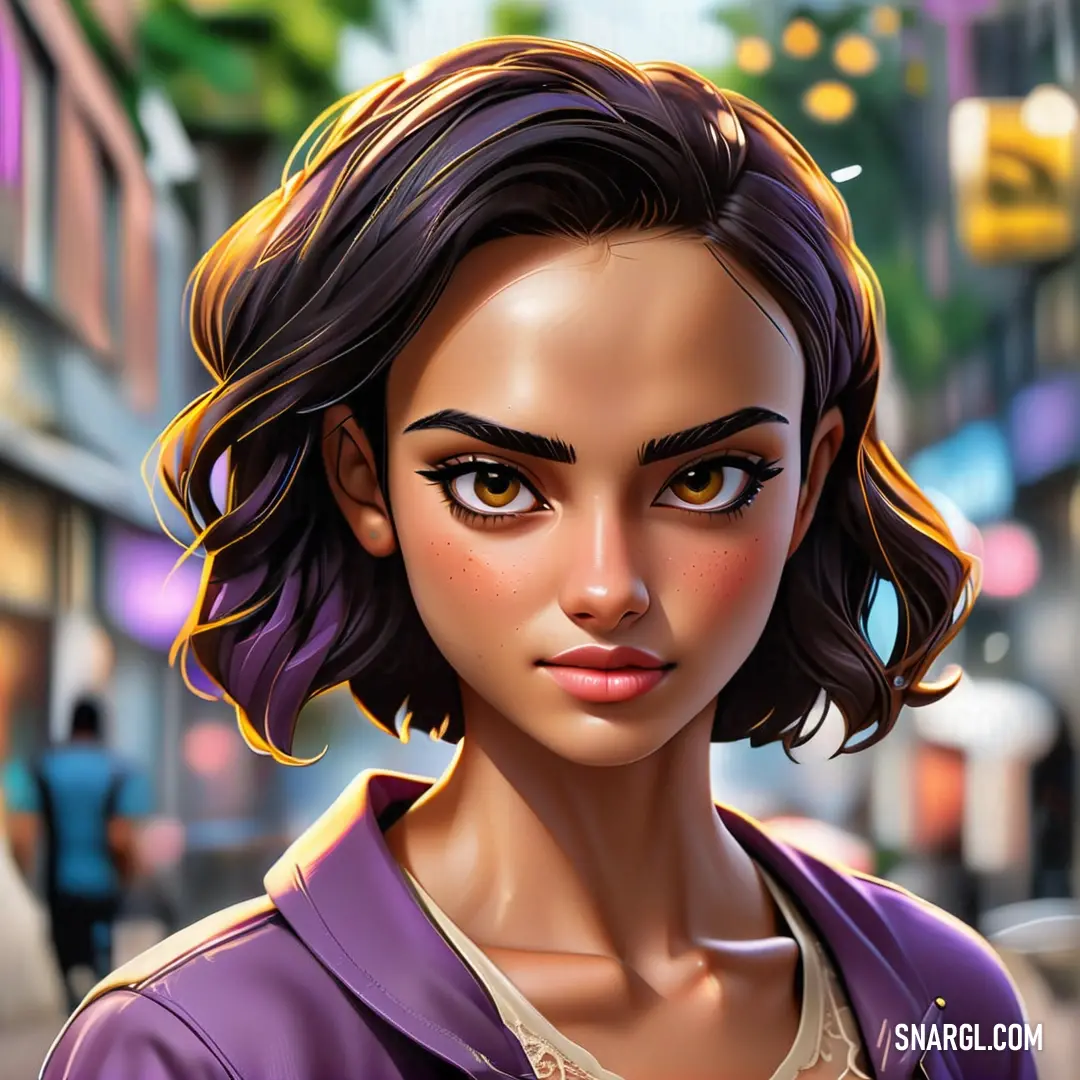 Digital painting of a woman in a city street with a city light in the background. Color #98579B.