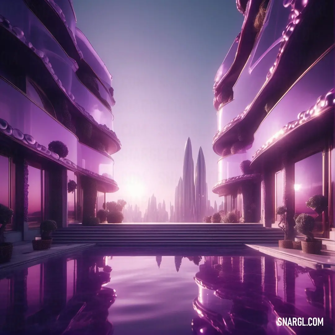 Futuristic city with a pool in the middle of it. Color PANTONE 2582.