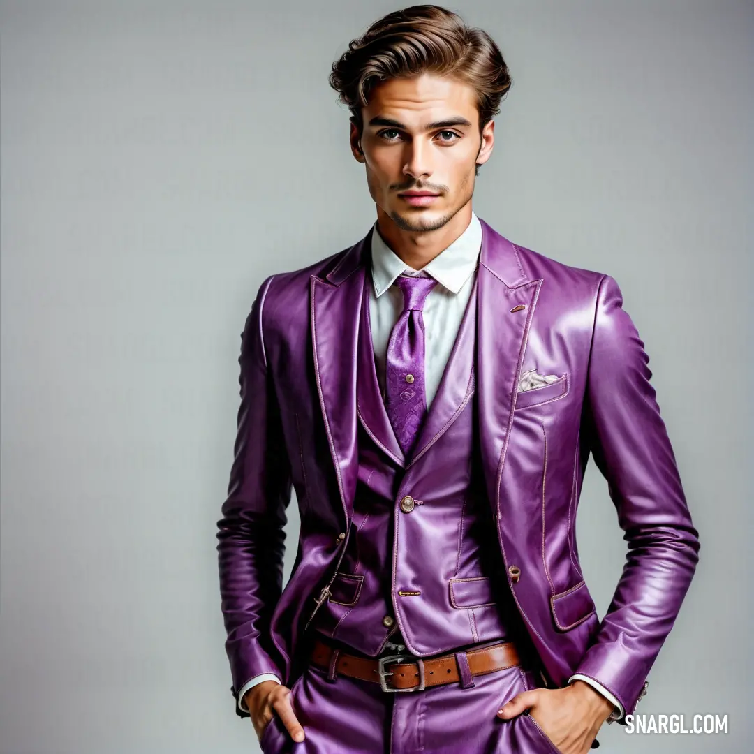 Man in a purple suit and tie posing for a picture with his hands in his pockets and his hands in his pockets. Example of PANTONE 2582 color.