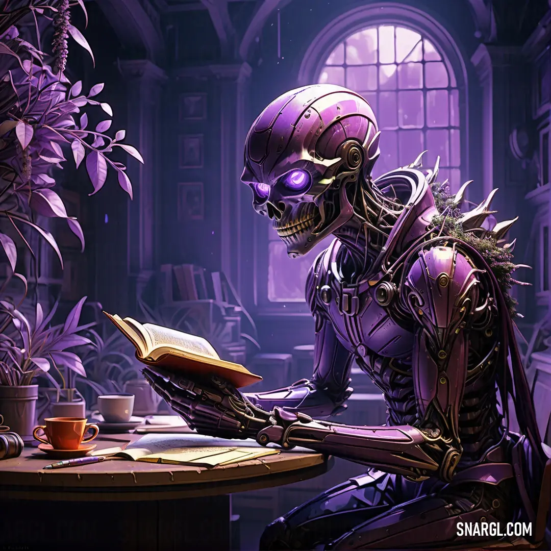 Skeleton at a table reading a book in a room with purple flowers and a window with a purple light. Color #98579B.