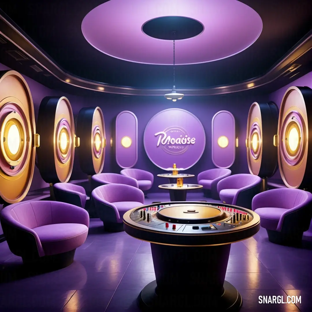 Casino room with purple chairs and a rouleette table in the center of the room with a neon sign on the wall. Color CMYK 47,72,0,0.