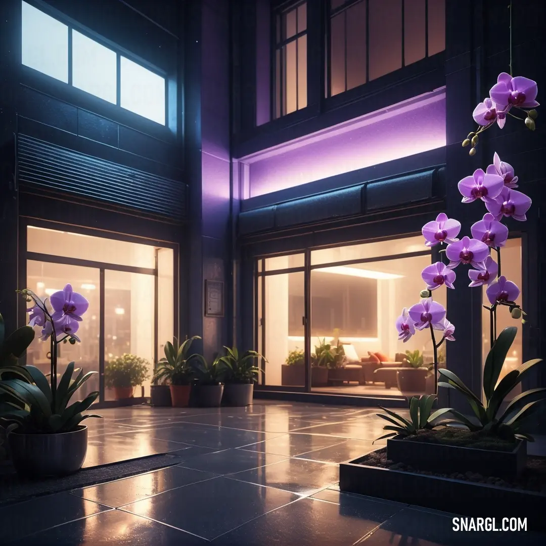 PANTONE 2583 color. Room with a lot of windows and a bunch of flowers in the middle of it and a purple light on the ceiling