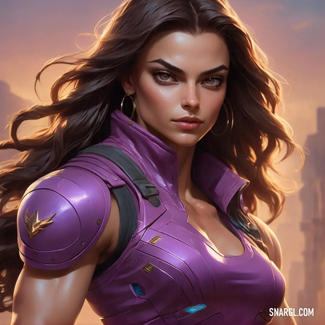 Woman in a purple outfit with long hair and a gun in her hand, with a city in the background. Example of RGB 153,104,164 color.