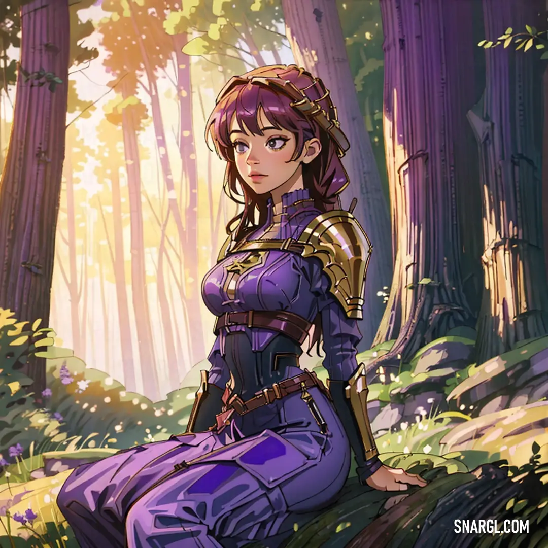 Woman in a purple outfit on a log in a forest with trees and grass in the background. Example of PANTONE 2583 color.