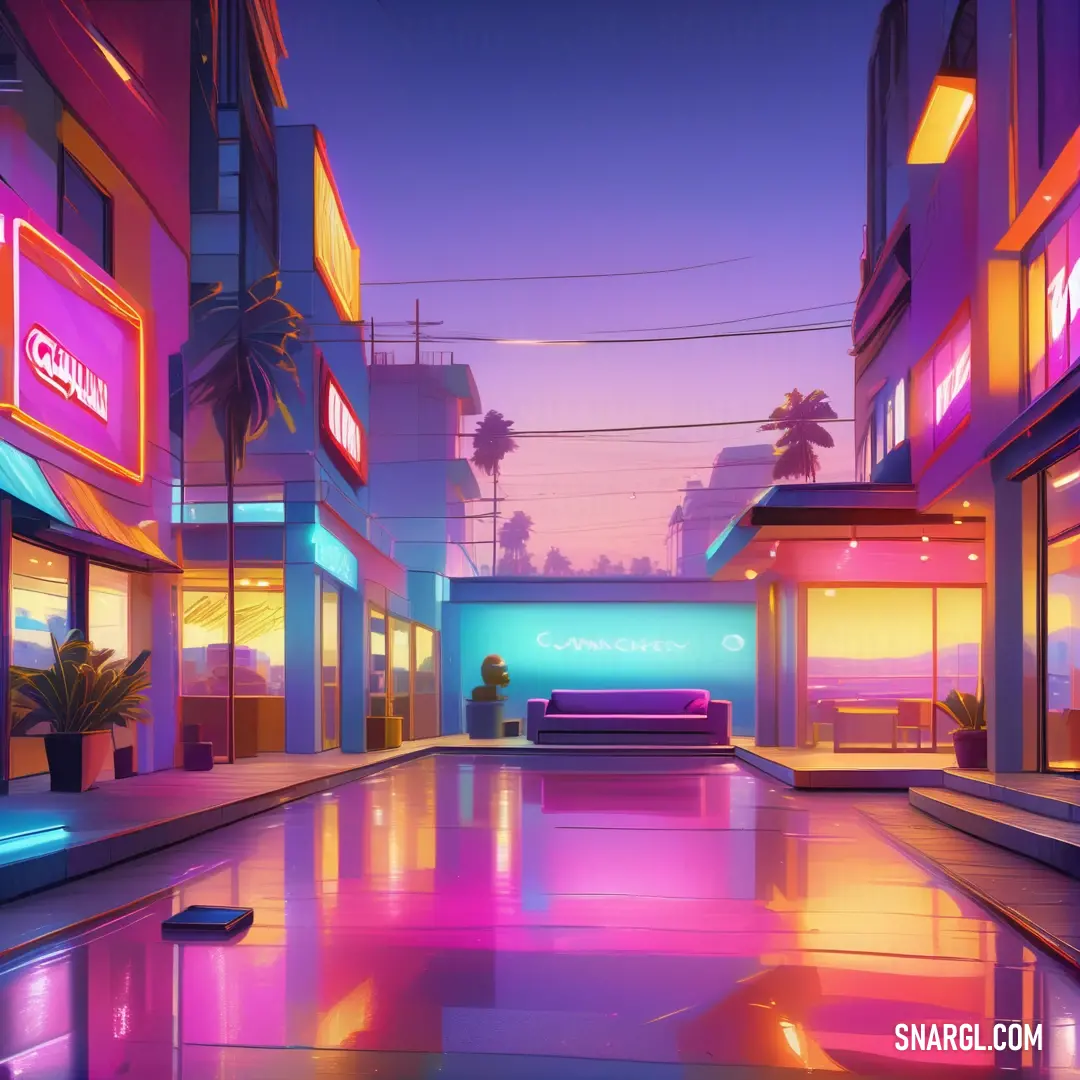 Painting of a city street with a couch and a neon sign on the building and palm trees in the background. Example of PANTONE 2587 color.