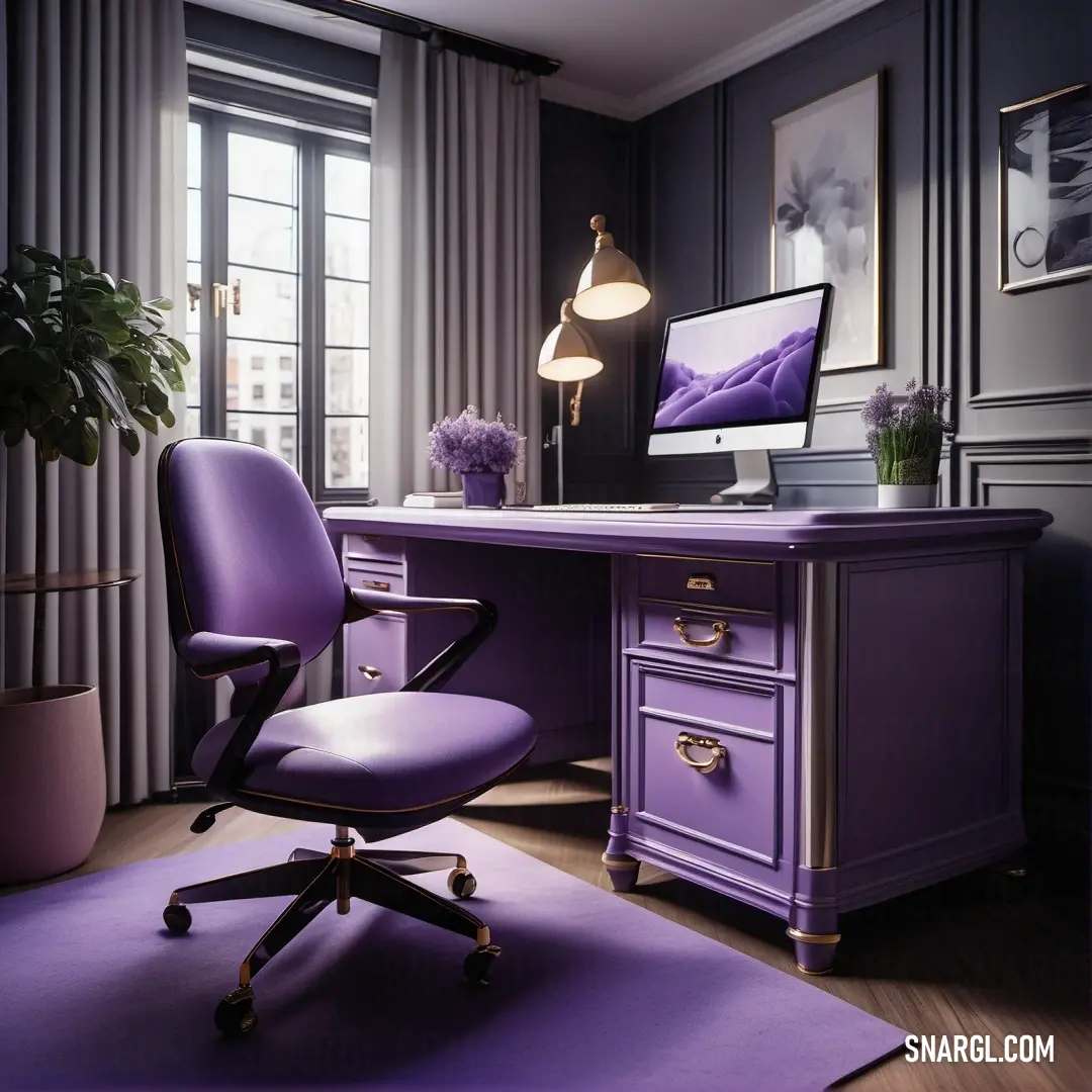 Purple chair sits in front of a desk with a computer on it and a purple rug on the floor. Color CMYK 58,76,0,0.