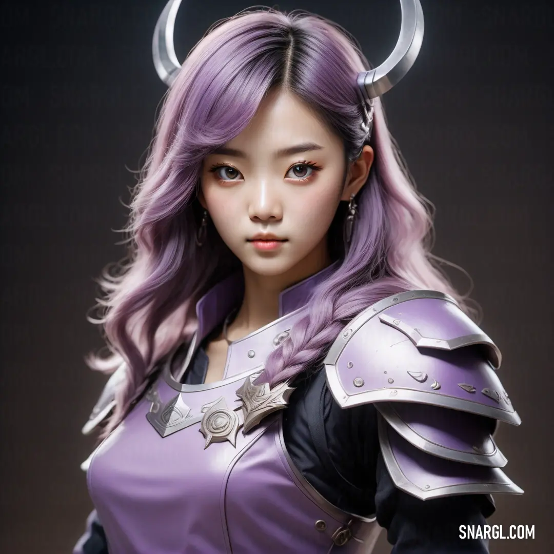 PANTONE 2587 color. Woman with horns and a purple outfit with horns on her head and a purple dress with a black top