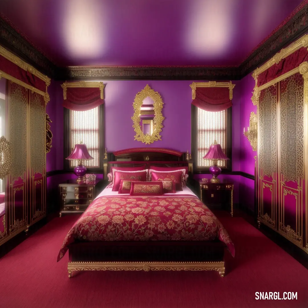 PANTONE 259 color. Bedroom with a bed and dresser