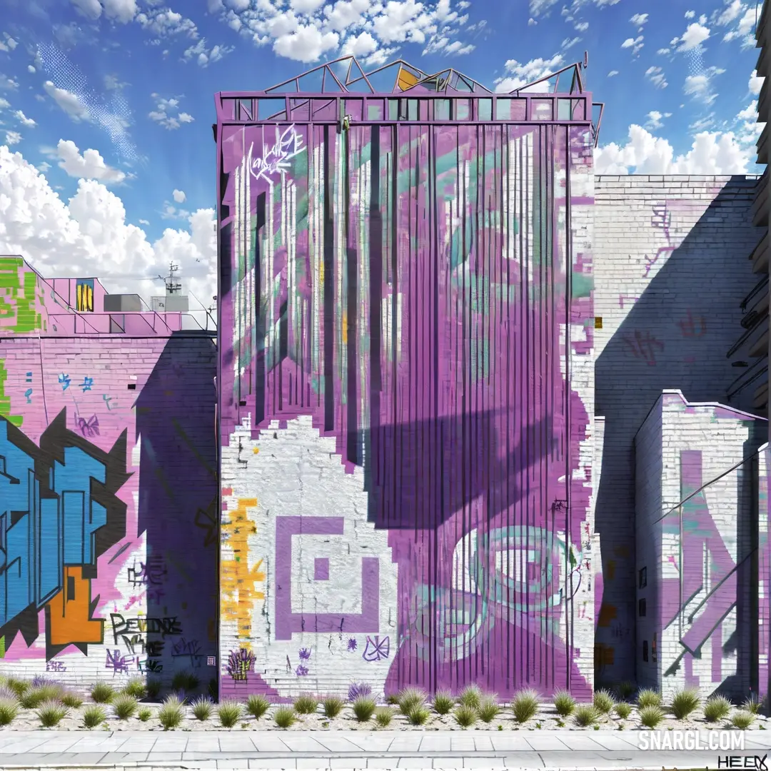Building with a lot of graffiti on it's side and a sky background with clouds in the sky. Color PANTONE 259.