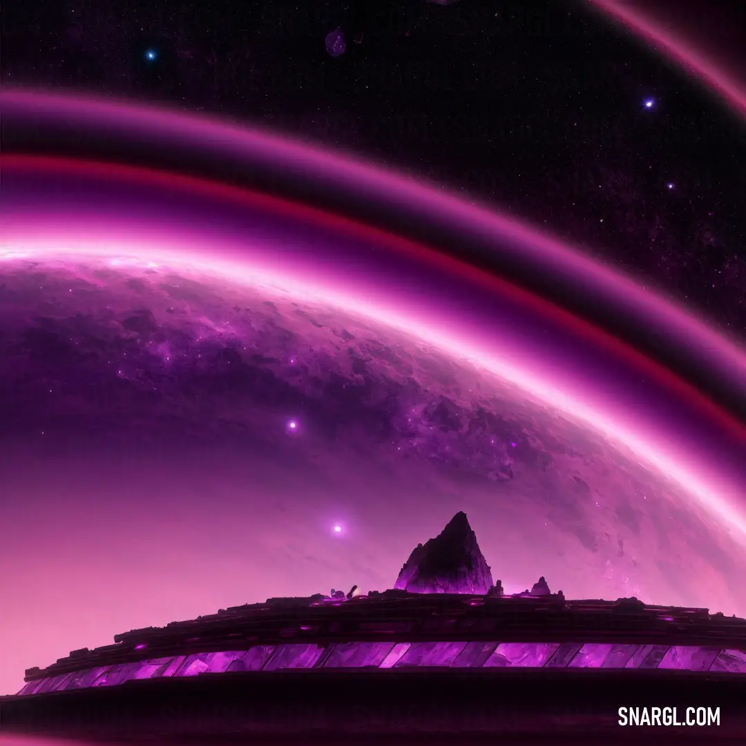 Futuristic space station with a purple background and a distant planet in the distance with a star in the sky. Example of PANTONE 259 color.