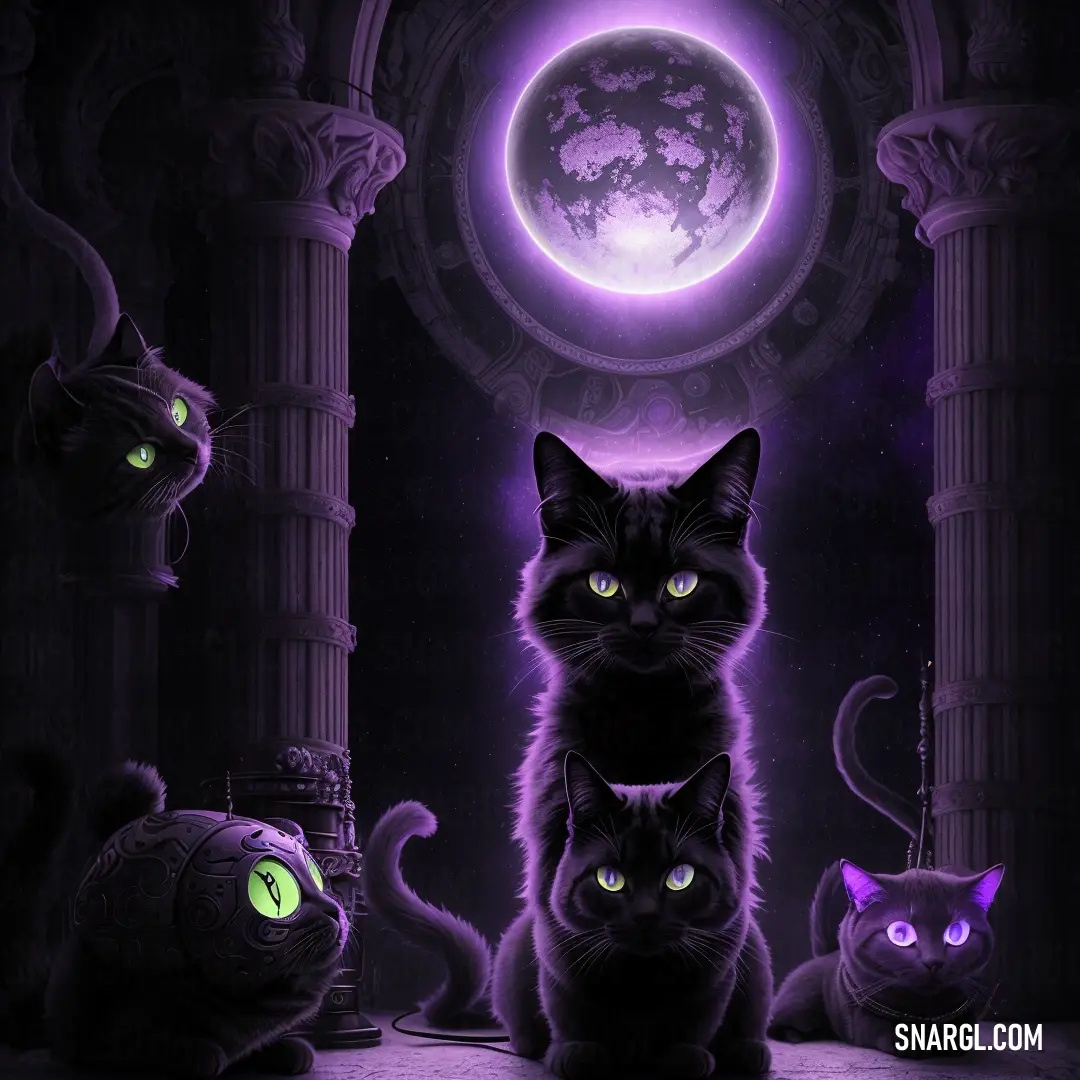 Group of cats in front of a doorway with a full moon in the background. Color PANTONE 2592.