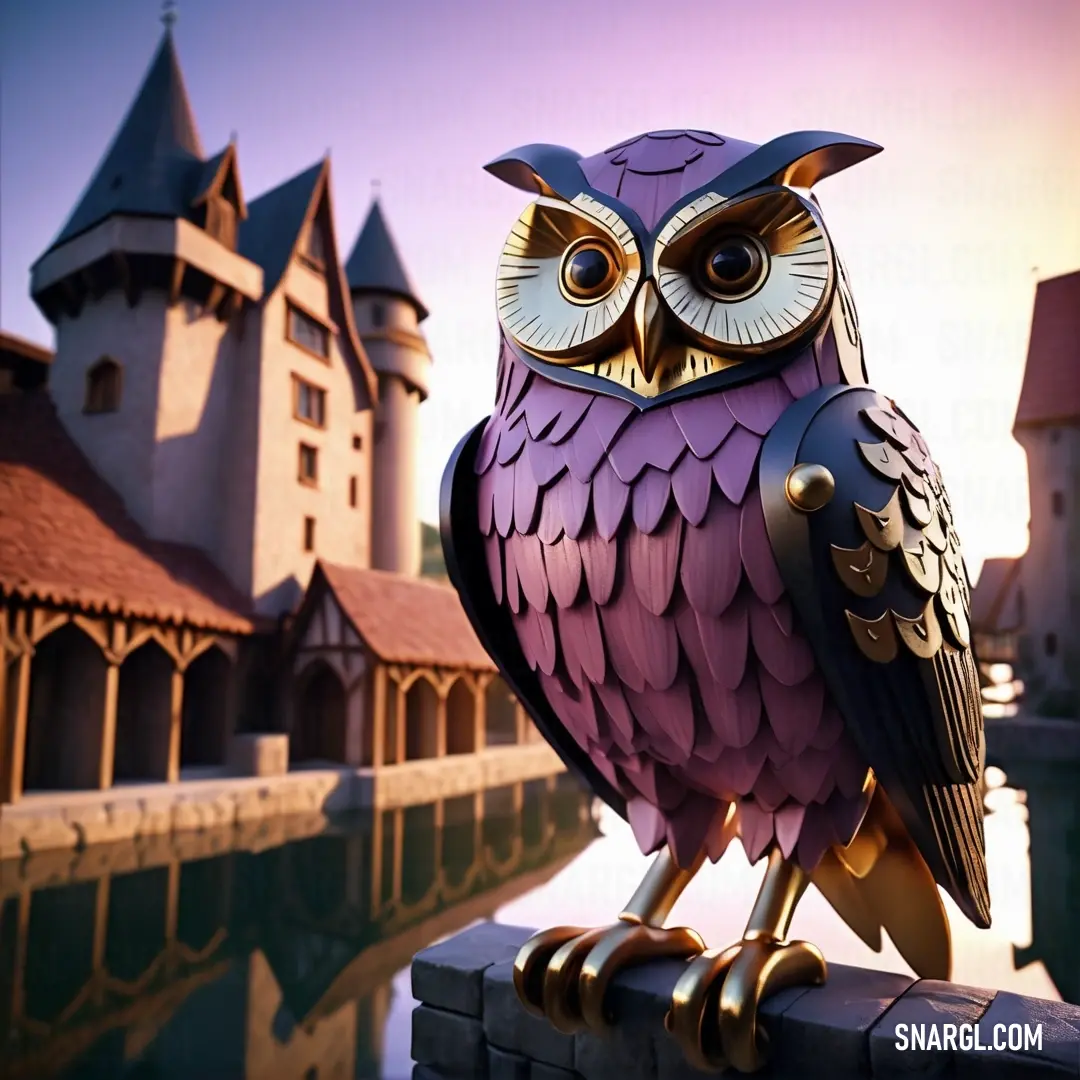PANTONE 2592 color. Purple owl statue on top of a brick wall next to a body of water and a castle