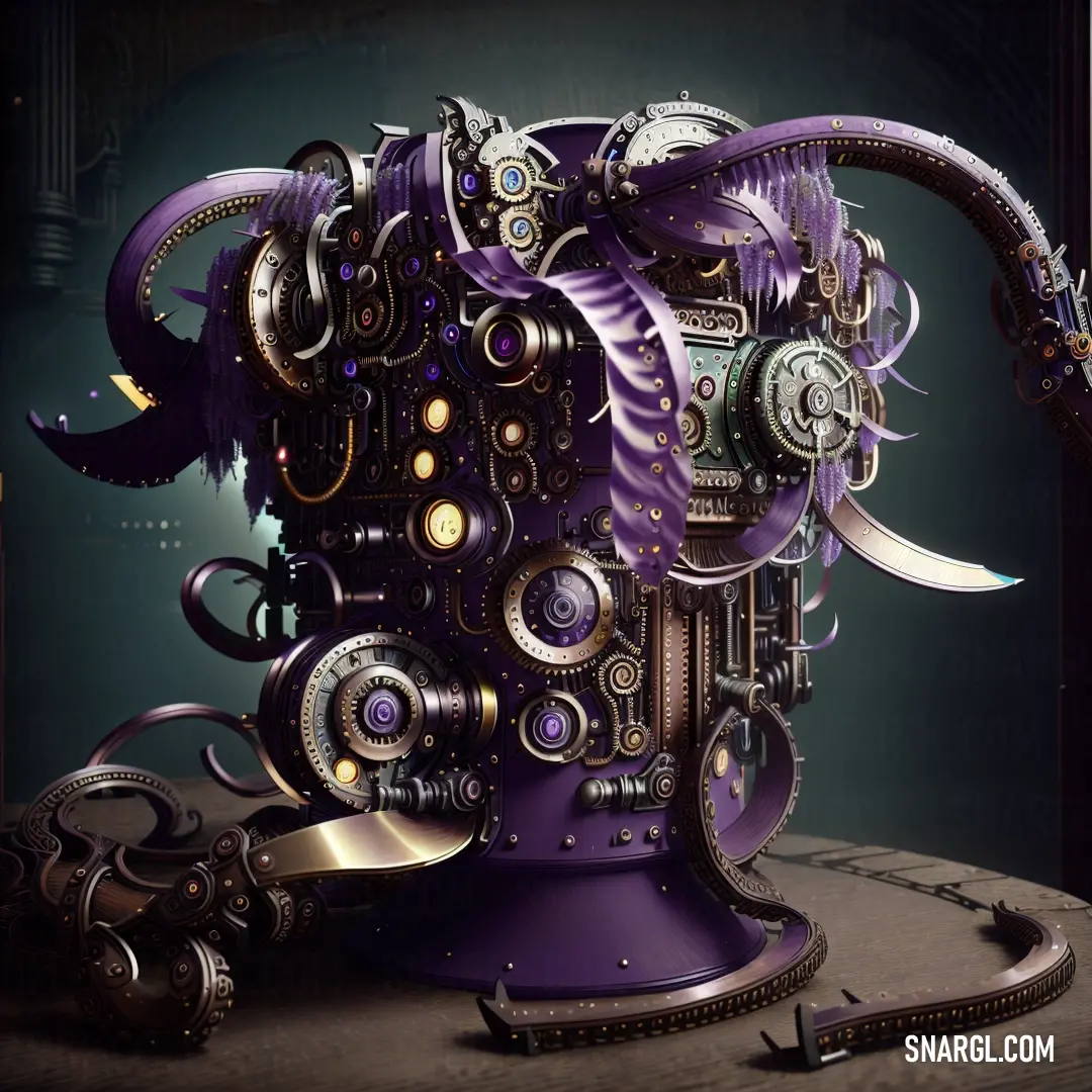 Purple sculpture with a clock and a purple handle on it's head and a purple clock on its arm. Color PANTONE 2592.