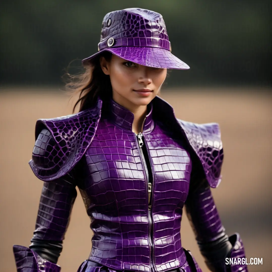 Woman in a purple outfit and hat with a purple jacket and hat on her head and a purple hat on her head. Color PANTONE 2592.