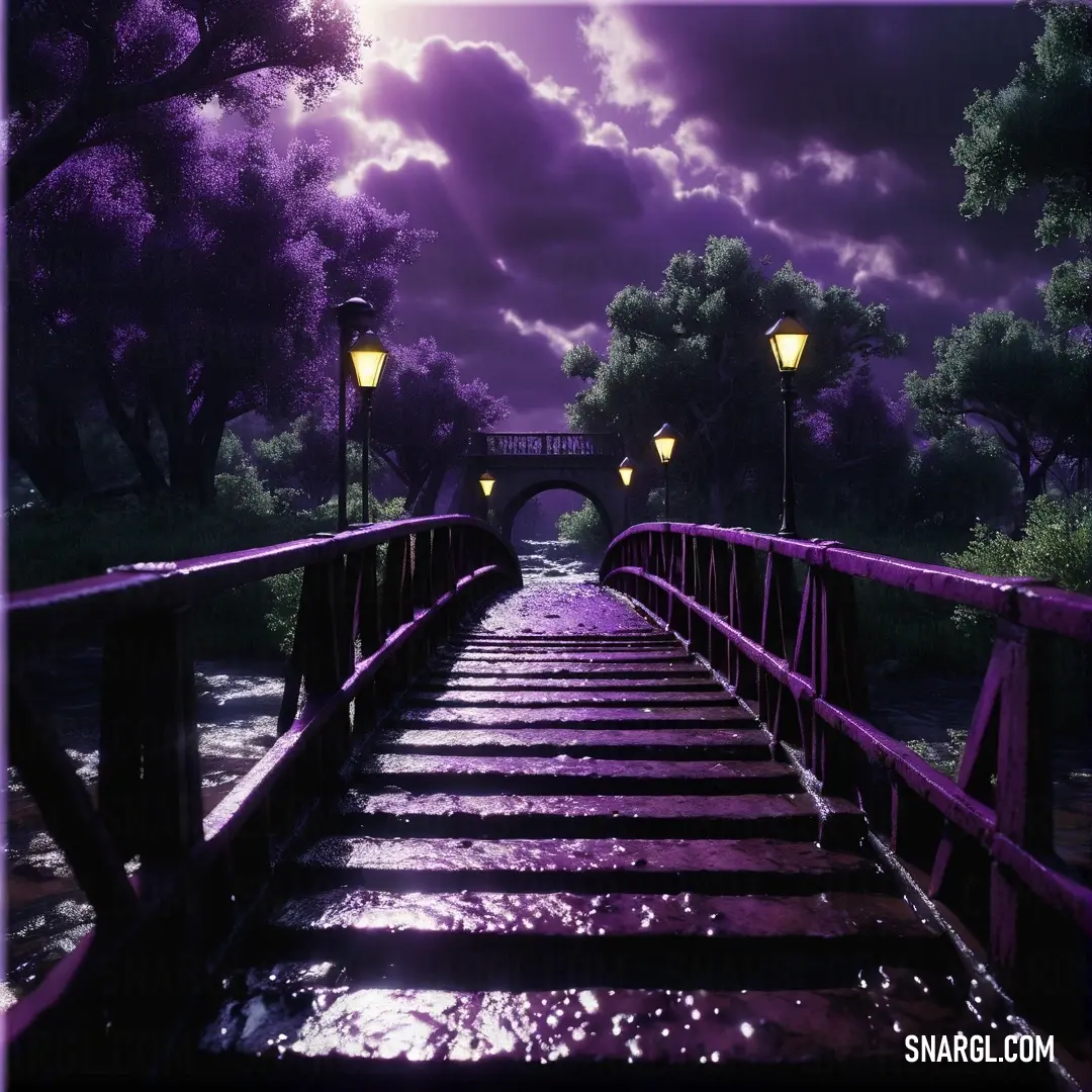 Bridge that has lights on it and a purple sky above it with clouds and trees in the background. Example of RGB 129,63,142 color.