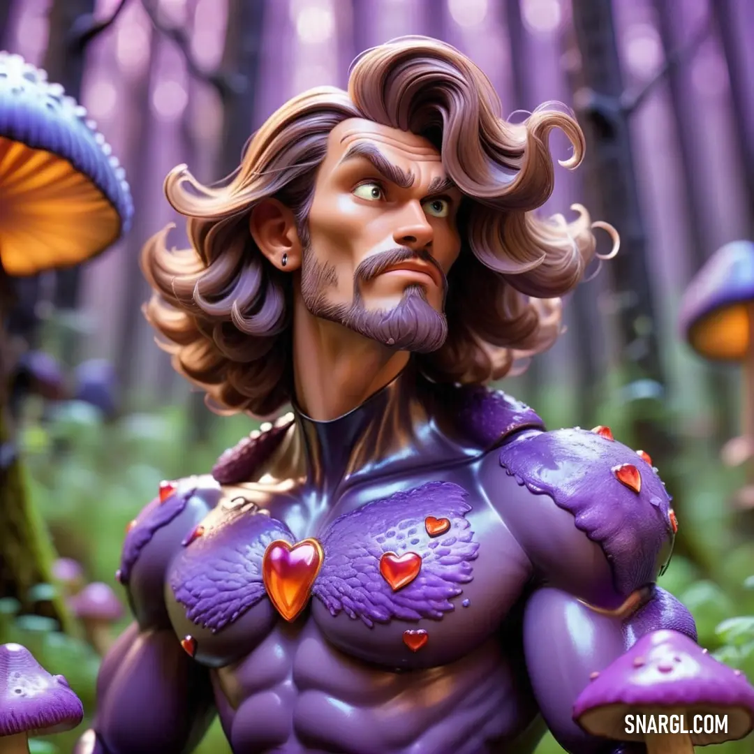 Man with a beard and a purple outfit in a forest with mushrooms and mushrooms on the ground and mushrooms on the ground