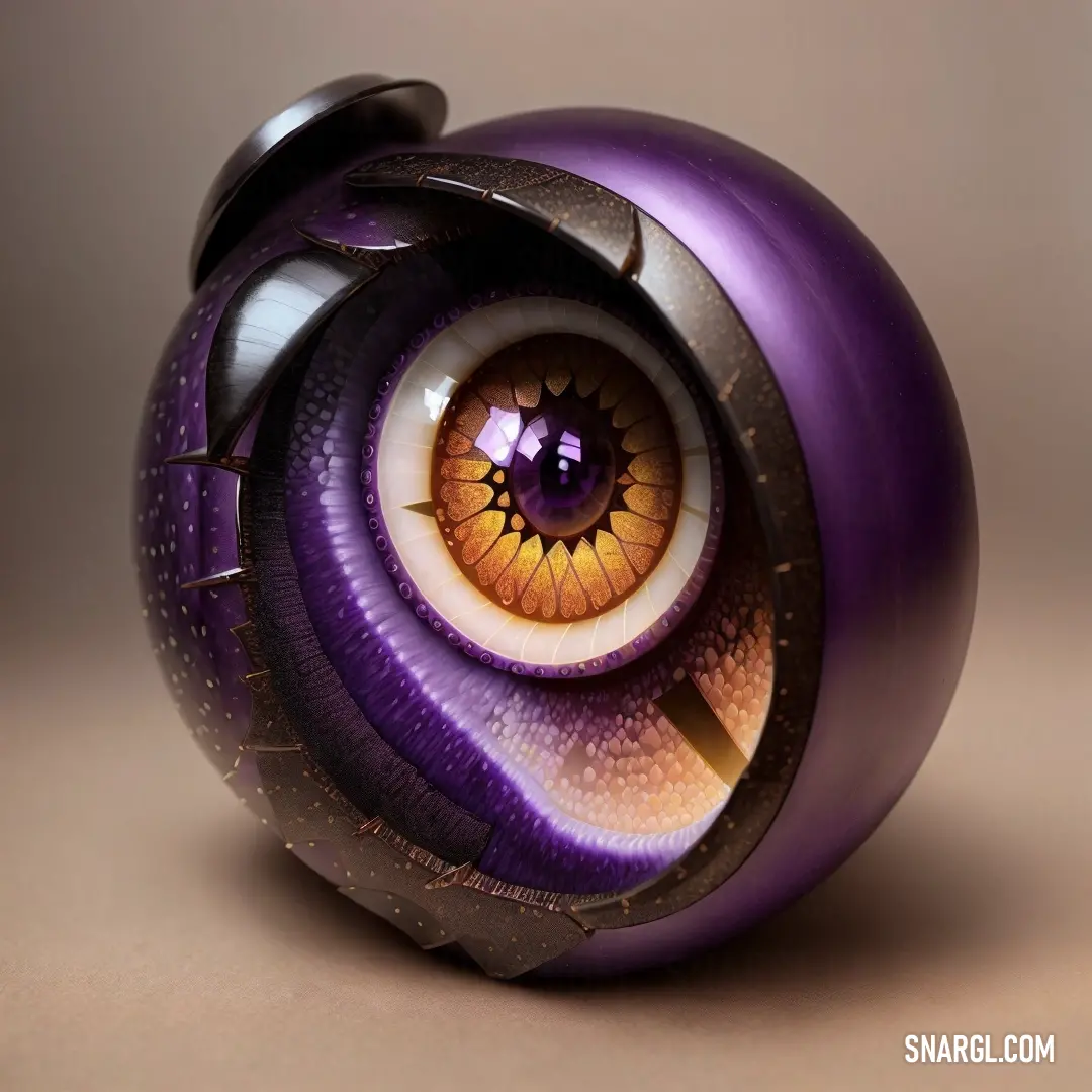 Purple object with a large eyeball on it's side and a black object with a hole in the middle. Color PANTONE 2593.