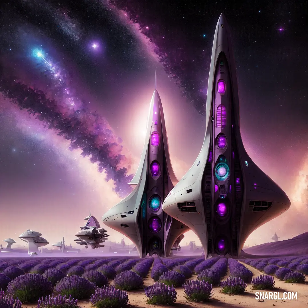 Two futuristic ships in a field of lavenders with a space background. Color CMYK 66,92,0,0.