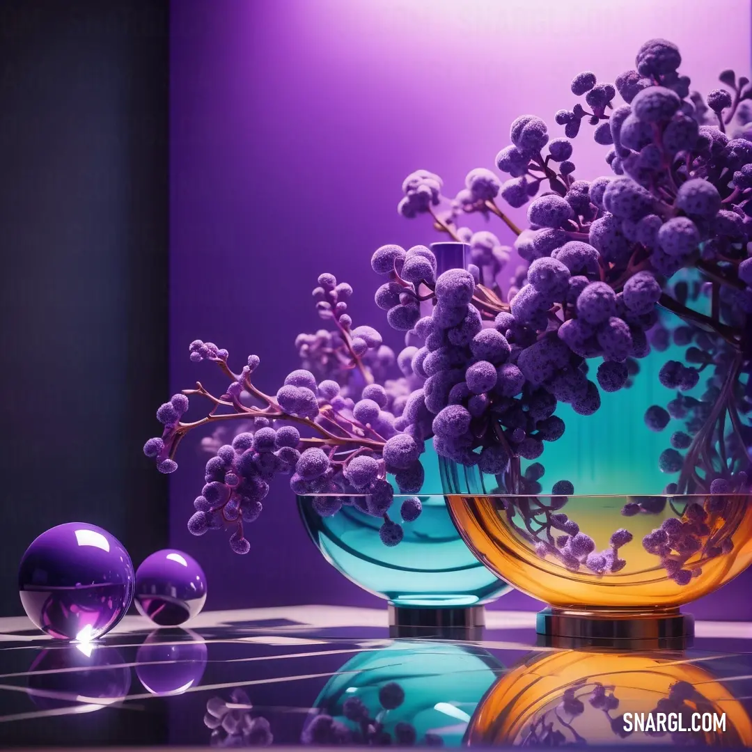 Vase with purple flowers in it on a table next to a purple ball and a purple wall. Example of CMYK 66,92,0,0 color.