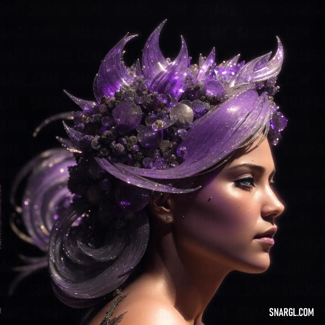 PANTONE 2593 color example: Woman with a purple hair and a flower in her hair is wearing a purple hat with flowers on it