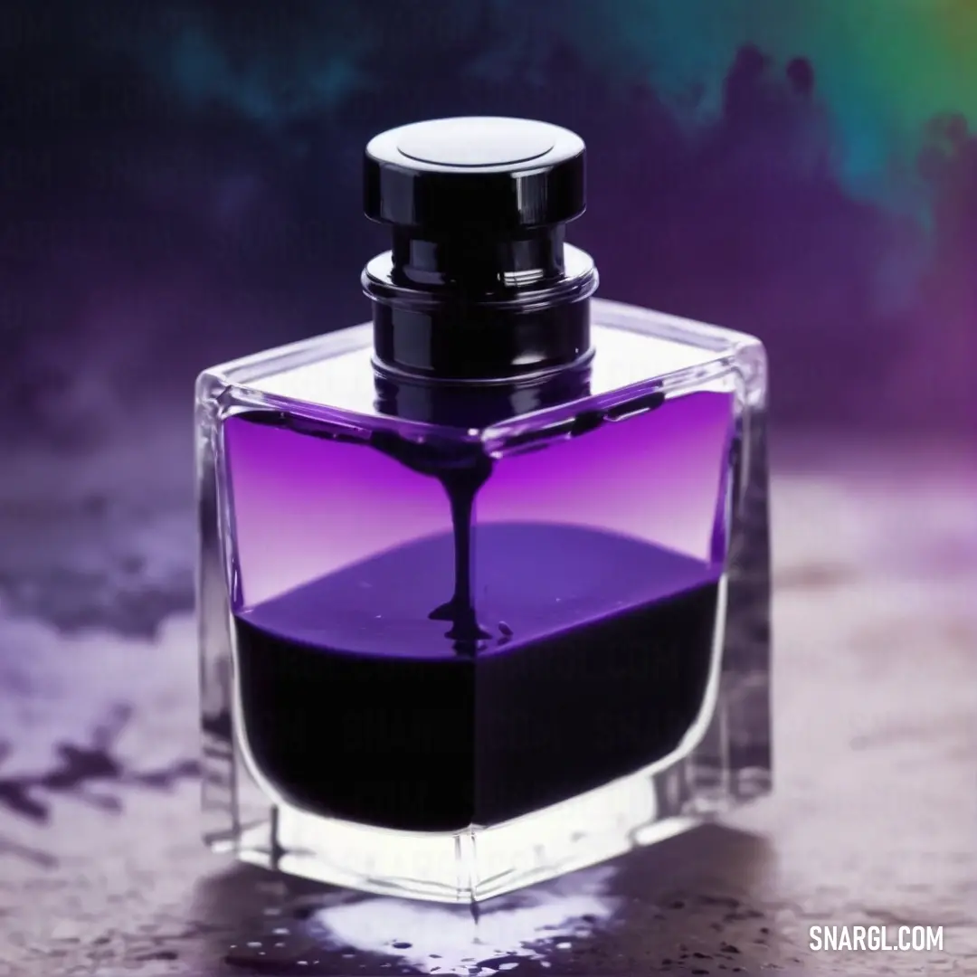 Bottle of purple liquid on a table top with a rainbow background. Color PANTONE 2597.