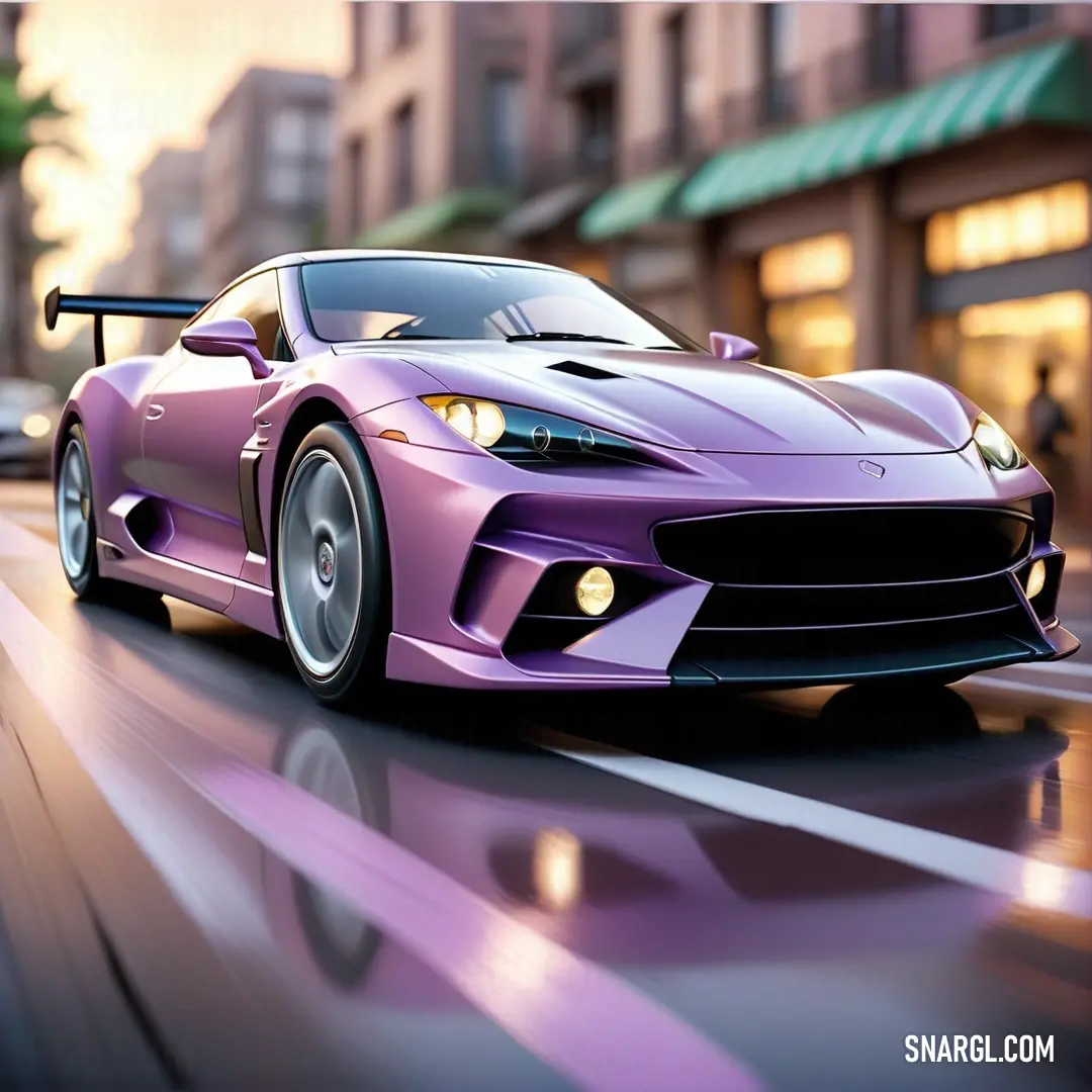 Purple sports car driving down a city street at night time with a person walking by it and a building in the background