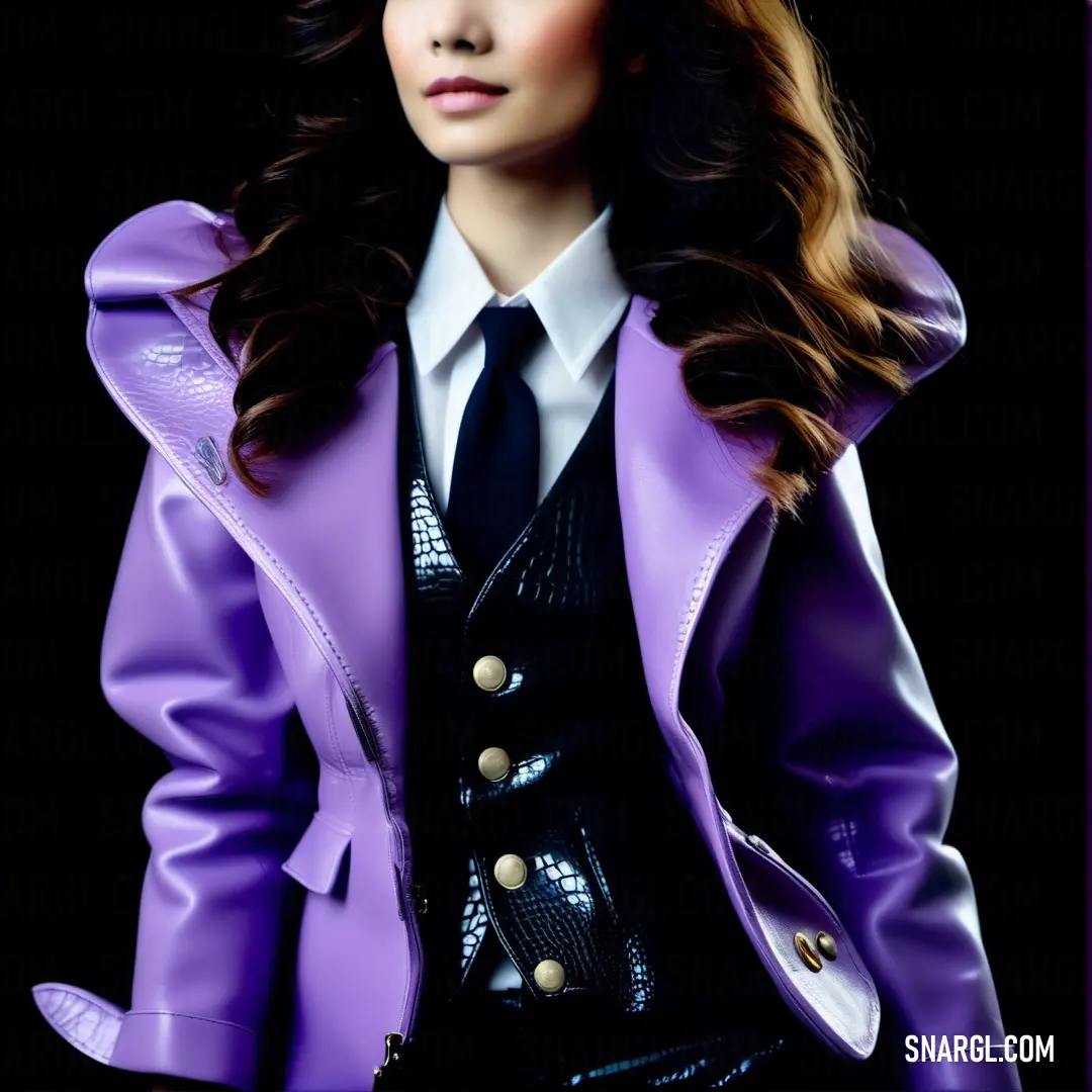 PANTONE 2597 color example: Woman in a purple jacket and tie posing for a picture in a black background