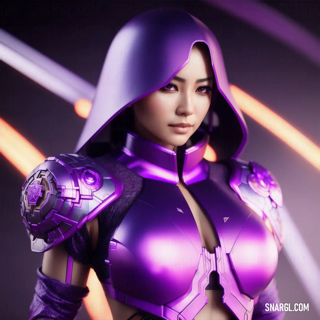 Woman in a purple outfit with a hood and gloves on her chest and a futuristic helmet on her head. Example of CMYK 80,99,0,0 color.