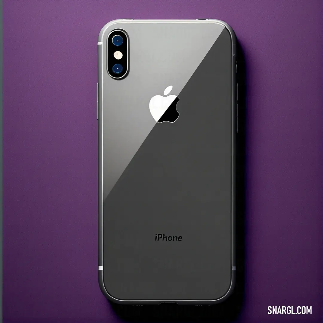 A close-up view of a modern iPhone set against a vibrant purple backdrop, showcasing a perfect blend of technology and design, represented by the rich color of CMYK 66,100,8,27 for an eye-catching aesthetic.