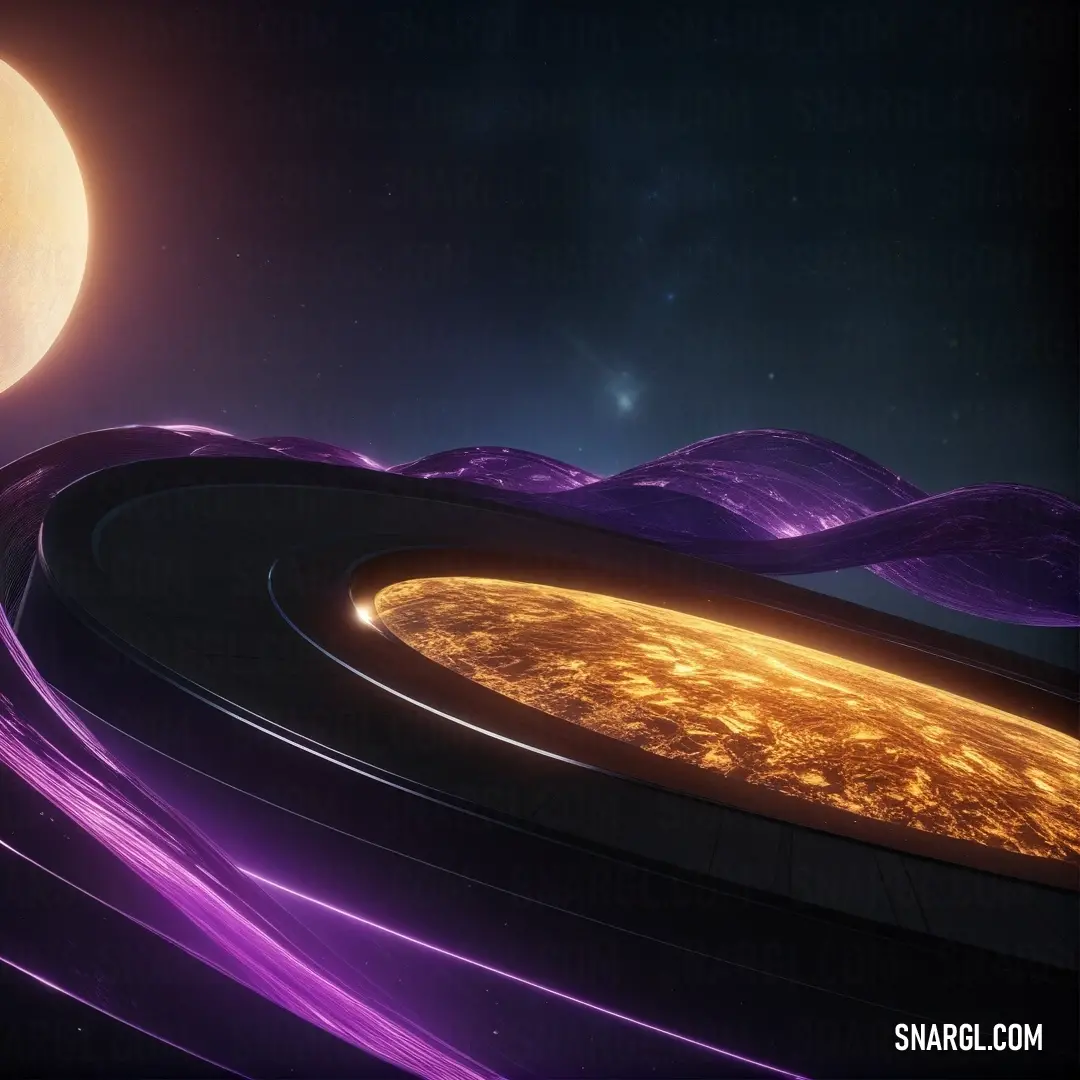 A futuristic landscape featuring a glowing moon above a winding spiral road leading toward a distant planet. The scene is bathed in a deep, rich purple hue, adding to its otherworldly ambiance.