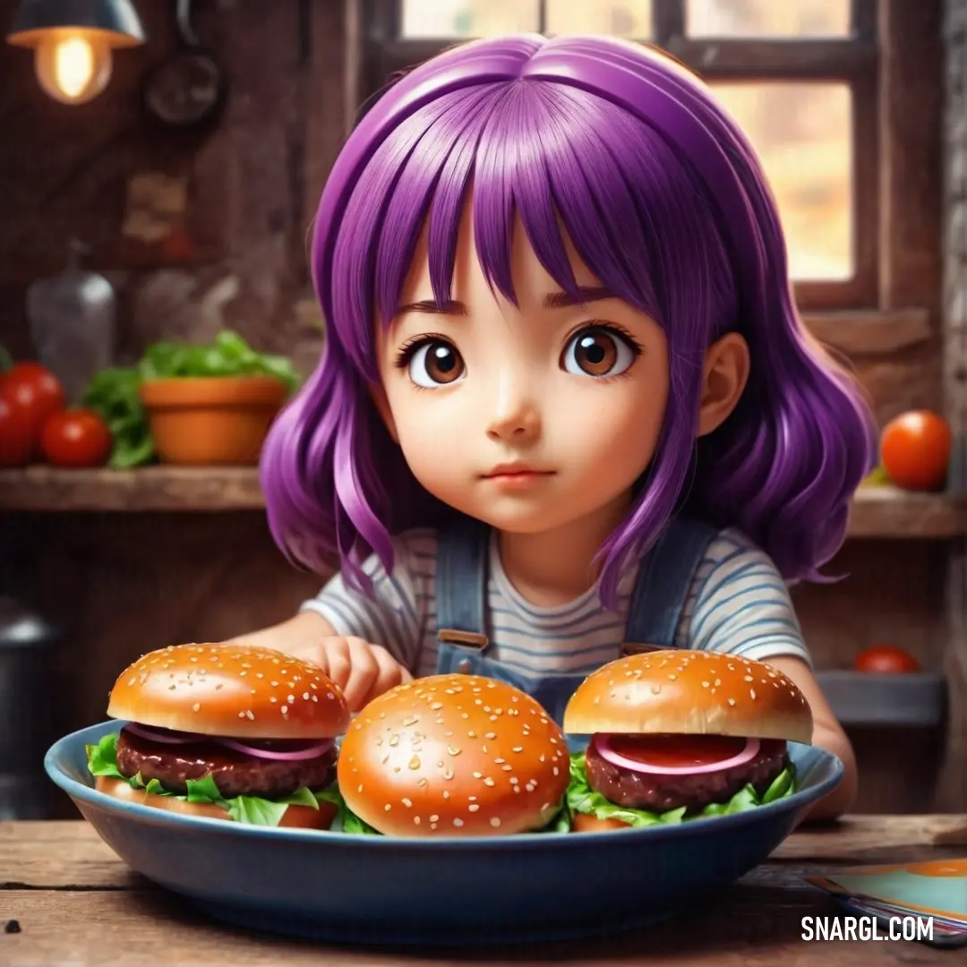 Little girl at a table with two hamburgers in front of her and a plate of hamburgers in front of her. Color PANTONE 260.