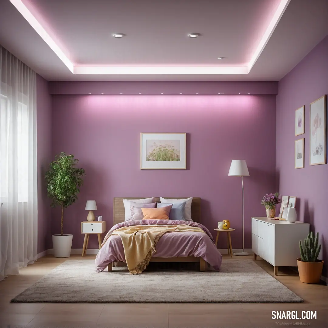 A serene bedroom showcasing a brilliant purple wall complemented by a cozy bed, adorned with a matching purple comforter and pillows, alongside a lovely potted plant that breathes life into the tranquil space with its vibrant color #6B2F6B.