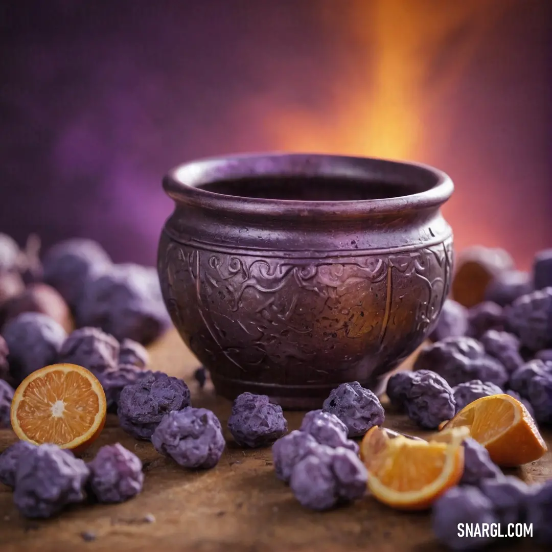 An artistic arrangement of purple fruits alongside bright oranges on a table, enhanced by ethereal purple smoke that wraps the scene in an intriguing, colorful atmosphere.