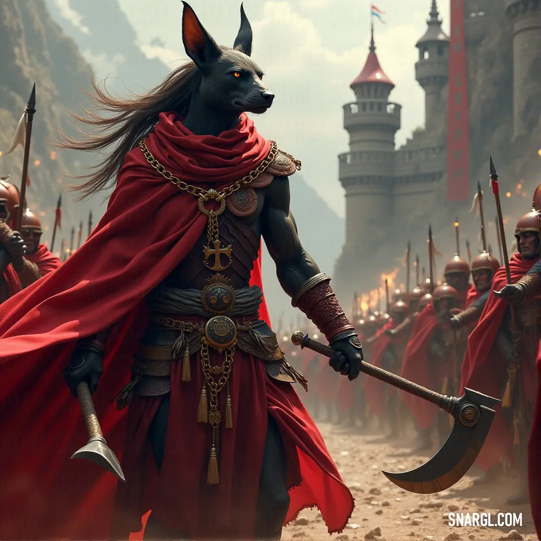 A commanding group of men, cloaked in striking red robes and horned hats, stand united with spears and shields, creating an atmosphere of camaraderie and strength. The presence of a loyal dog at their center adds a unique touch to this gathering of warrio